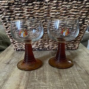 2 Vintage German Wiesbaden Loeber Mercedes Amber Beehive Footed Wine Glasses